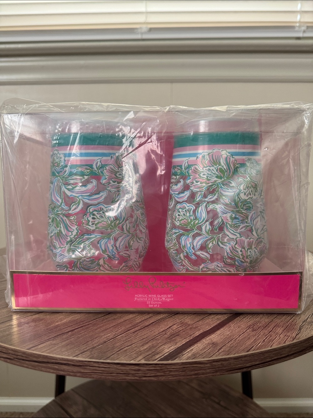 Lilly Pulitzer Chick Magnet Pink Floral Acrylic Stemless Wine Glasses (Set of 2)